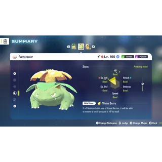 Venusaur Alpha Shiny level 100 Fully EV Trained w/ moveset 6 IV Online Battle Ready for Pokémon Legends ZA