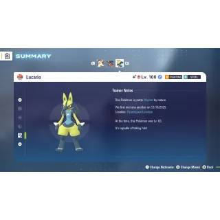 Shiny Alpha Lucario Modest 6 IV Battle Ready level 100 for Pokemon Legends ZA + free Golden Bottle cap