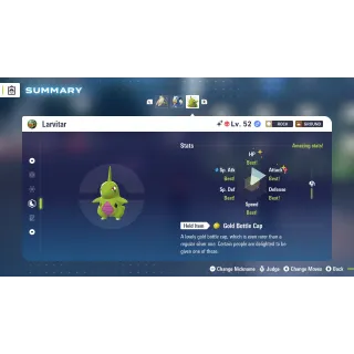 Shiny Alpha Larvitar Adamant Nature Fully Trained 6 IV for Pokemon Legends ZA