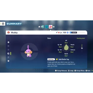 Shiny Alpha Mudkip 6 IV level 100 for Pokemon Legends ZA + free Golden Bottle cap