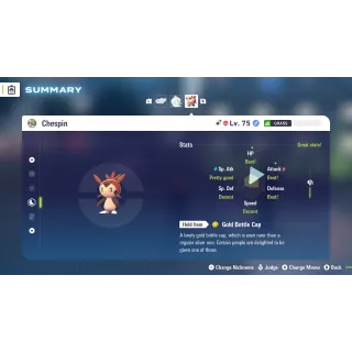 Shiny Alpha Chespin Adamant Nature Fully Trained 6 IV for Pokemon Legends ZA