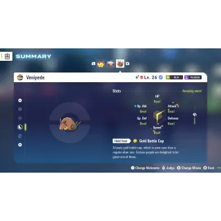 Shiny Alpha Venipede Adamant Nature Fully Trained 6 IV for Pokemon Legends ZA