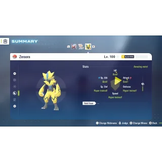 Zeraora Adamant EV trained 6 IV Battle Ready level 100 for Pokemon Legends ZA + free Golden Bottle cap