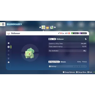 Shiny Alpha Bulbasaur Adamant Nature 6 IV for Pokemon Legends ZA