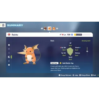 Shiny Alpha Raichu Adamant 6 IV Battle Ready level 100 for Pokemon Legends ZA + free Golden Bottle cap