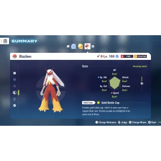 Shiny Alpha Blaziken 6 IV level 100 for Pokemon Legends ZA + free Golden Bottle cap
