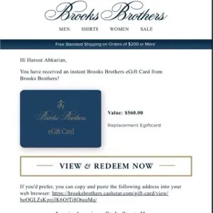 $560.00 Brooks Brothers Gift card