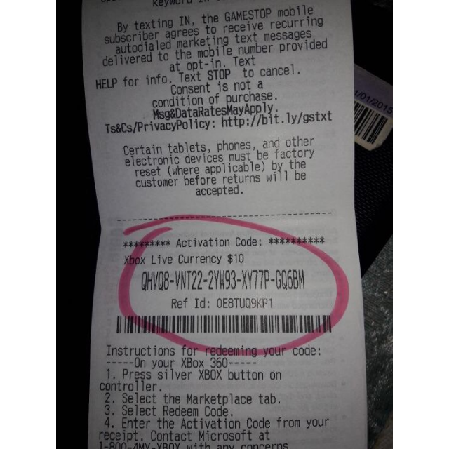 xbox live code on receipt