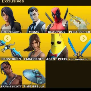 19 skins | Travis Scott | Lara Croft | Gear Specialist Maya | Midas | Deadpool | Yulejacket | Brutus | Meowscles | Agent Jones