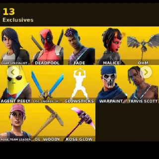 27 skins | OG STW | Travis Scott | Warpaint | Rose Team Leader | Gear Specialist Maya | Deadpool |