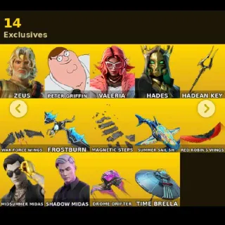 54 skins | Zeus | Peter Griffin | Valeria | Hades | Midsummer Midas | Cerberus | Shredder | Super Shredder