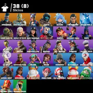 38 skins | Omegarok | Spectra Knight | Lynx | Zenith | Nezumi | The Ageless | Polar Peely | Doom Slayer | Geralt of Rivia