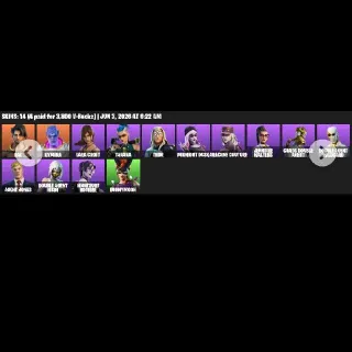 14 skins | Lara Croft | Raz | Kymera | Tarana | Thor | Midnight Dusk | Arachne Couture | Jennifer Walters | Chaos Double Agent
