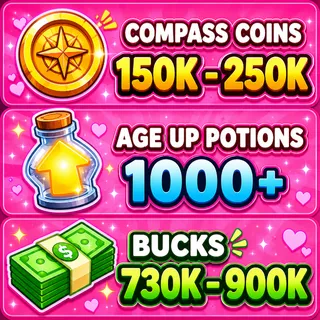🧭 150K–250K Compass Coins + 🧪 1000+ Age Up Potions + 💵 730K–900K Bucks |⚡️Adopt Me