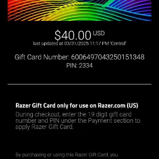 $40.00 RAZER E-GIFT CARD