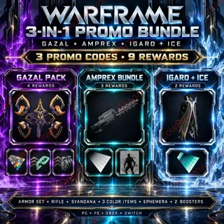 🔥 Warframe 3-IN-1 Promo Codes | Gazal Armor Set + Amprex + Igaro Syandana + Ice Color Picker + Smoke Palette + Tenno I Palette