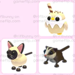 adopt me pet bundle - siamese cat , sugar glider , vanilla penguin