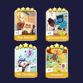 Top Secret 4⭐ + Science Pals 4⭐ + Mr Cerebro 5⭐ + Windfall 5⭐ - Monopoly Go Stickers