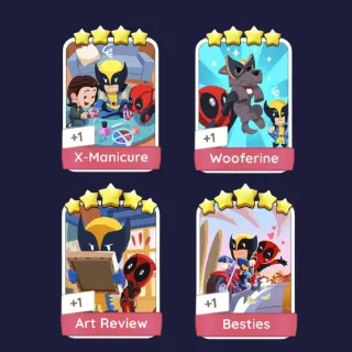 X-Manicure 4⭐ + Wooferine 4⭐ + Art Review 5⭐ + Besties 5⭐ - Monopoly Go Stickers