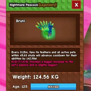 CHEAP GODLY NIGHTMARE PEACOCK [124.56kg] Max Level 125 (Huge, Titanic, Godly, Colossal) SALE/DISCOUNT