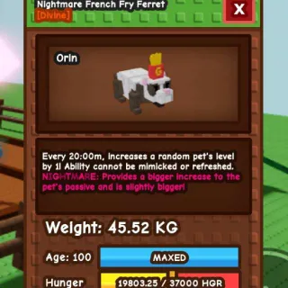 Semi-Huge Nightmare French Fry Ferret [45.52kg - 20m] Max Lvl