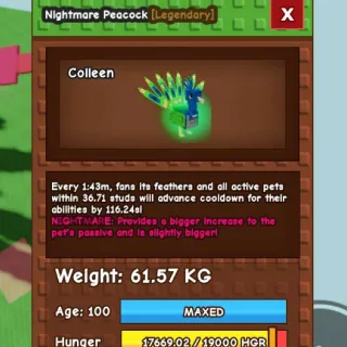 HUGE NIGHTMARE PEACOCK [61.57kg | 20s or 19s CD Guaranteed if it's level 125] Max Level 100 (Huge, Titanic, Godly, Colossal)