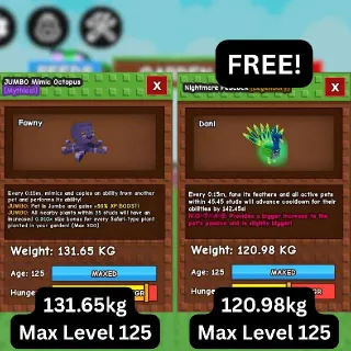 GODLY JUMBO MIMIC OCTOPUS [131.65kg] + FREE GODLY NIGHTMARE PEACOCK [120.98kg] Level 125 (Huge, Titanic, Godly, Colossal)