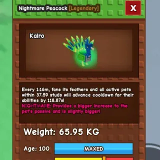 CHEAP HUGE NIGHTMARE PEACOCK [65.95kg | 15s CD Guaranteed if it's level 125] (Huge, Titanic, Godly, Colossal) SALE/DISCOUNT