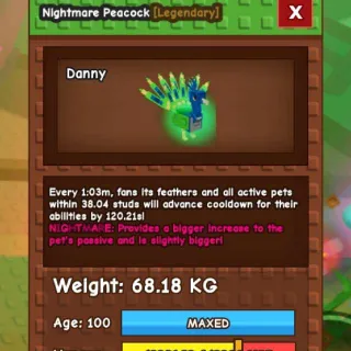 CHEAP HUGE NIGHTMARE PEACOCK [68.18kg | 15s CD Guaranteed if it's level 125] (Huge, Titanic, Godly, Colossal) SALE/DISCOUNT