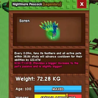 CHEAP SEMI-TITANIC NIGHTMARE PEACOCK [72.28kg | 15s CD Guaranteed if it's level 125] (Huge, Titanic, Godly, Colossal)