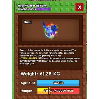 Huge Hyper Hunger Rainbow Hatched Dilophosaurus | Age 100 | 60Kg