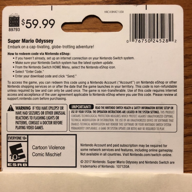 Mario best sale odyssey code