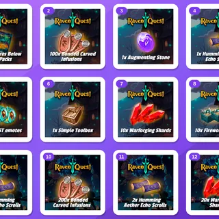 RavenQuest Twitch Drops (12 Items) — Ravenpacks + Bonded Carved Infusion +10 more