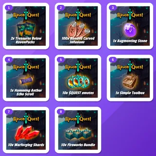 RavenQuest Twitch Drops (8 Items) — Ravenpacks + Bonded Carved Infusion +6 more