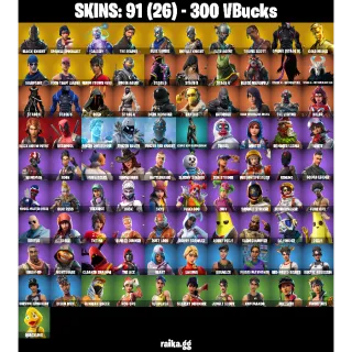 91 Skins | Black Knight, Sparkle Specialist, Galaxy | Travis Scott + The Reaper | Candy Axe | Take The L + Floss | 63 EX | FA 
