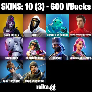 🎮 Fortnite Account — 10 Skins | Dark Skully | Spider-Man (No Way Home) | Orange Justice | 600 VB | 17 EX | FA ✅