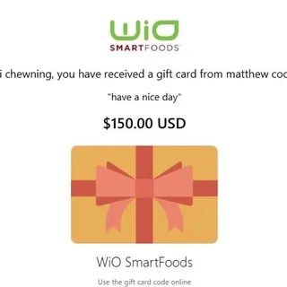 $150.00 USD  WIO SMART FOODS gift card