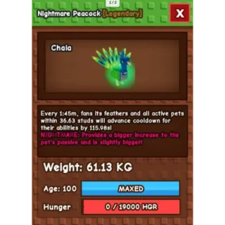 HUGE NIGHTMARE/VENOM PEACOCK | 60-61 KG | FREE TOKENS INCLUDED | 15s WITH TOY